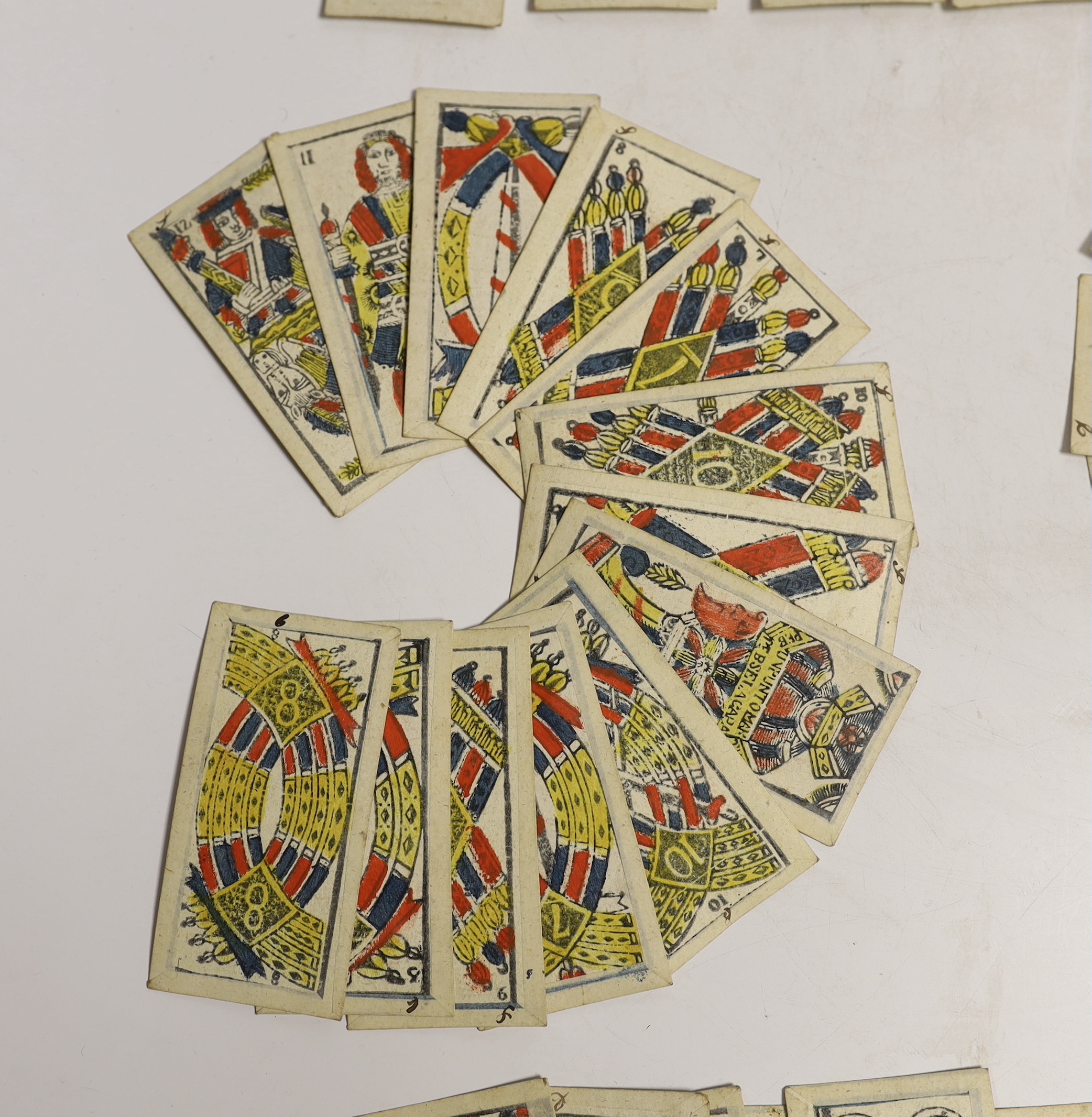 A set of 19th century hand-coloured playing cards, 52 total